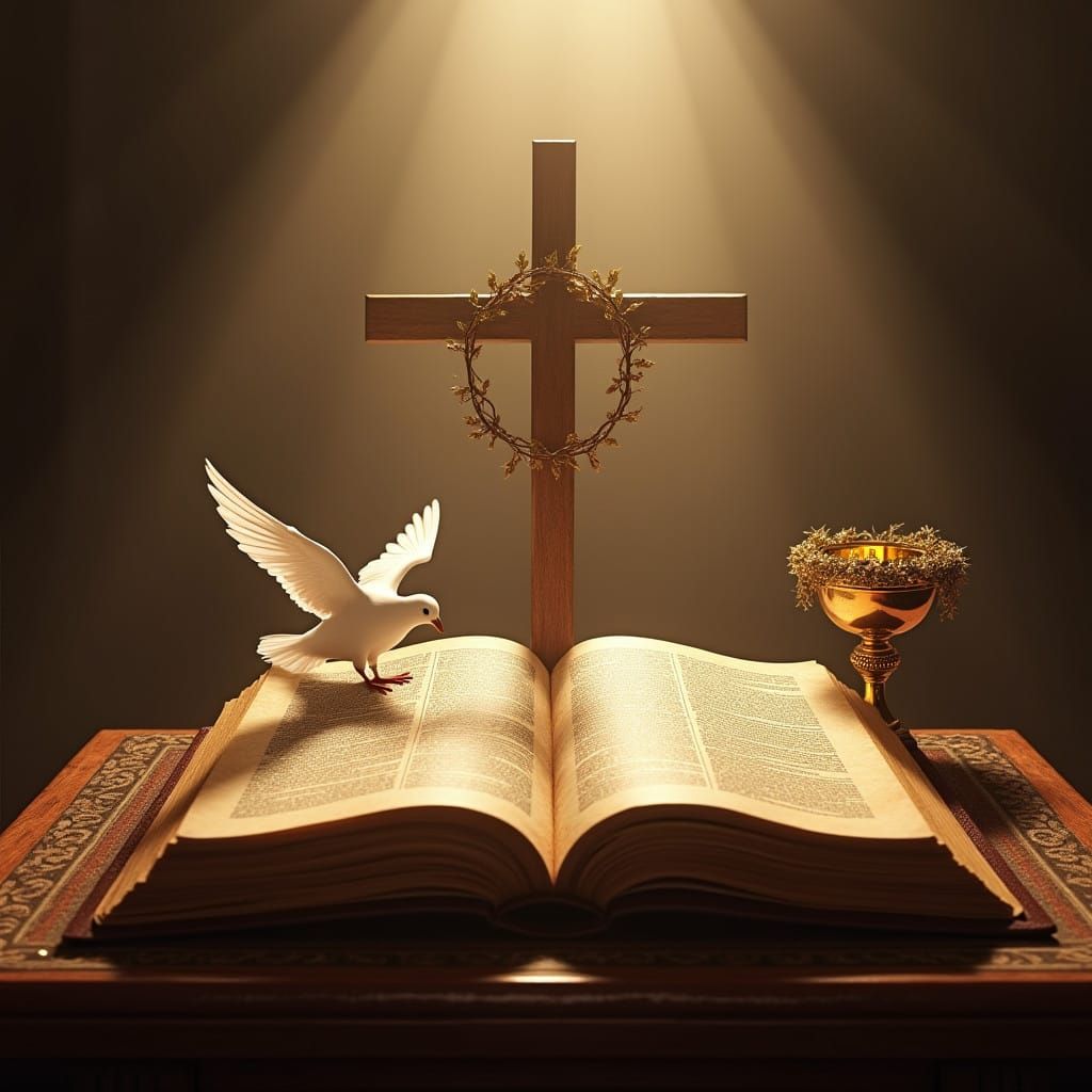 A Majestic Bible Scene with Empty Cross and White Dove