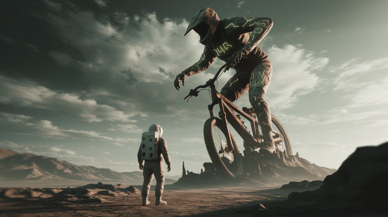 Astronaut and Mountain Biker Statue on Alien Planet