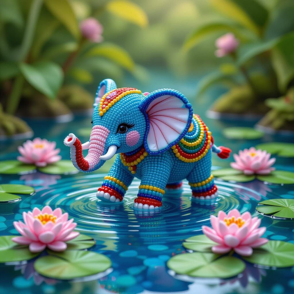 A bead art of a cute small elephant made of beads playing in pond made of beads