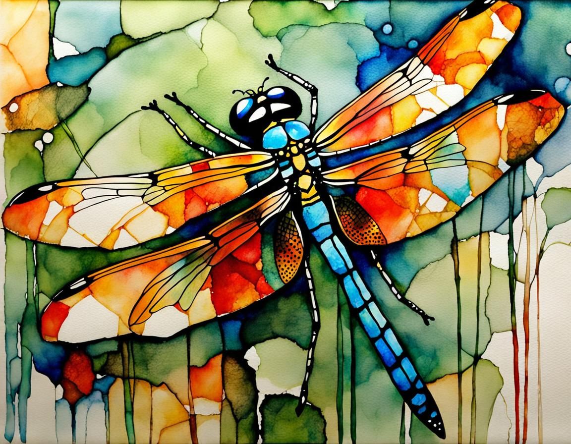 Ethereal Dragonfly Ink Sketch with Watercolor and Mixed Medi...