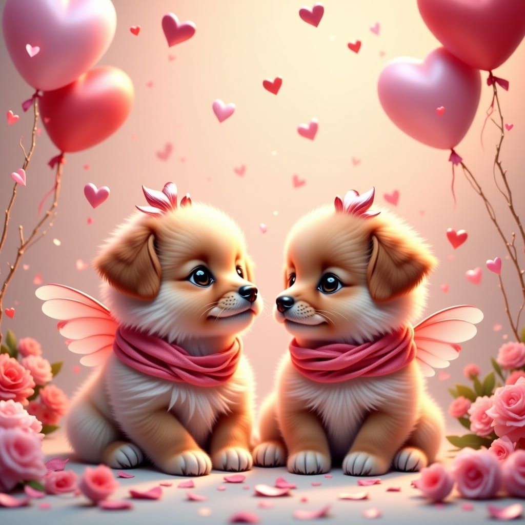 Whimsical Valentine's Day Puppies in Soft Digital Painting S...