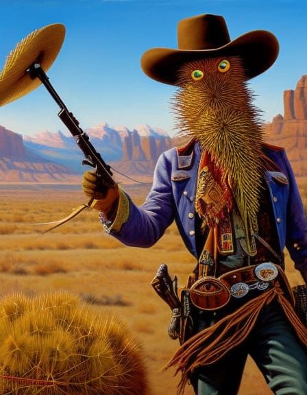 Cartoon Tumbleweed Cowboy Gunslinger in Wild West Style