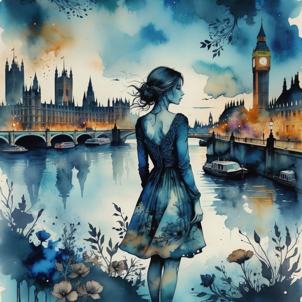 Ethereal London Nightscape in Watercolor and Ink