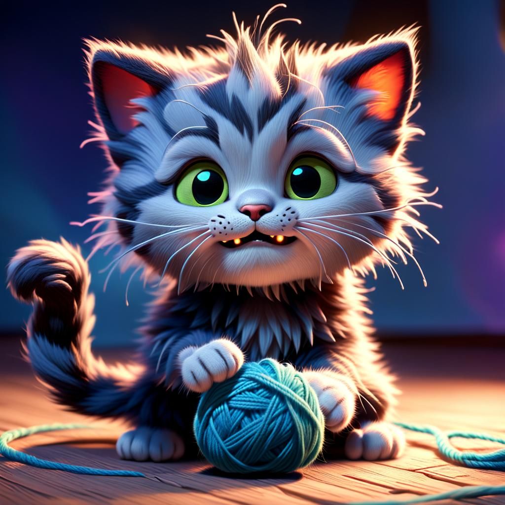 Playful Kitten with Yarn: Pixar-Style 3D Art