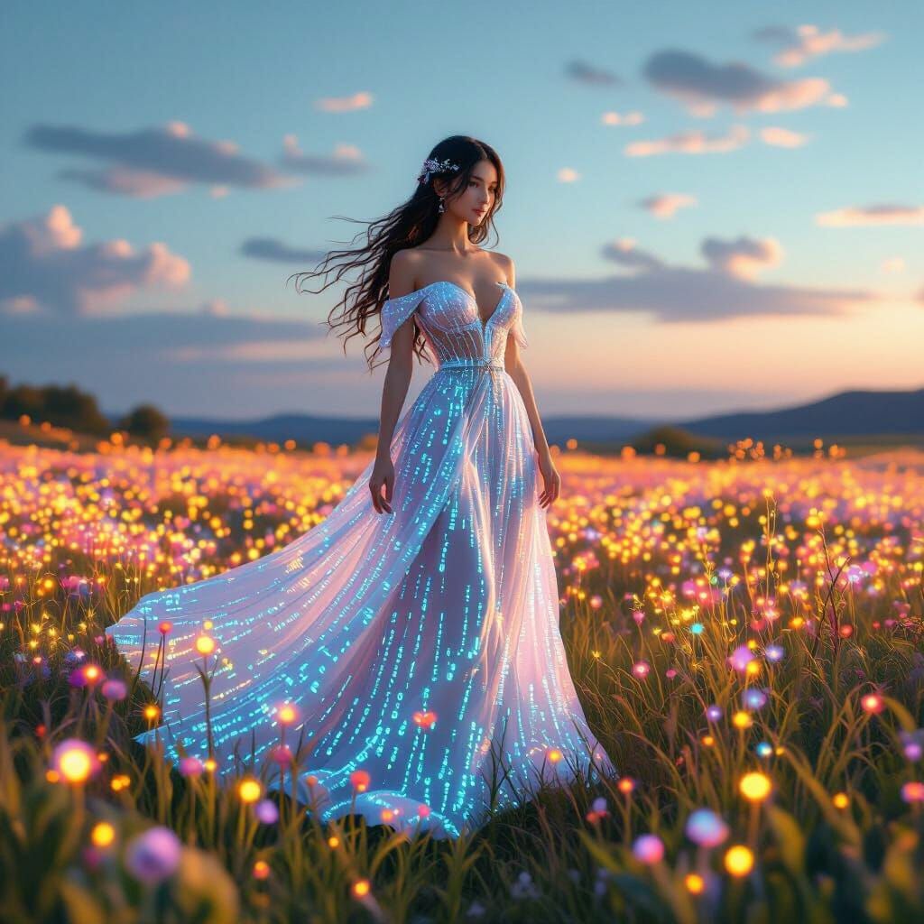 AI Goddess in Bioluminescent Field, Digital Art