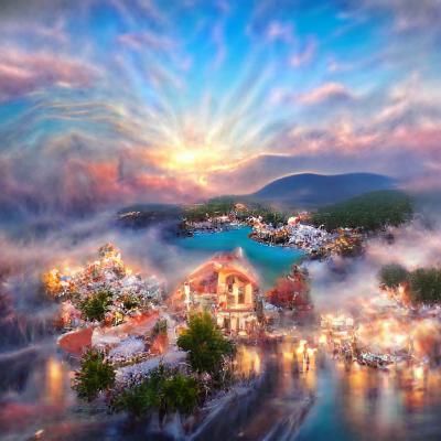 Sunset Over Pretty Greek Town in Ethereal Style