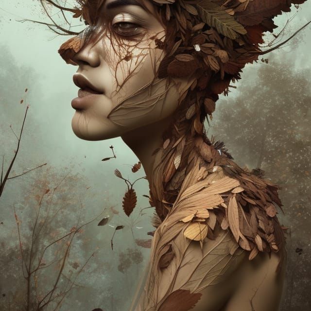 Tree-person covered in brown leaves