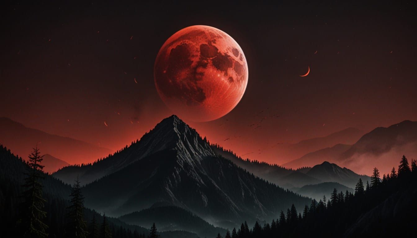 Blood Moon Over a Mountain Peak in a Dark, Moody Forest