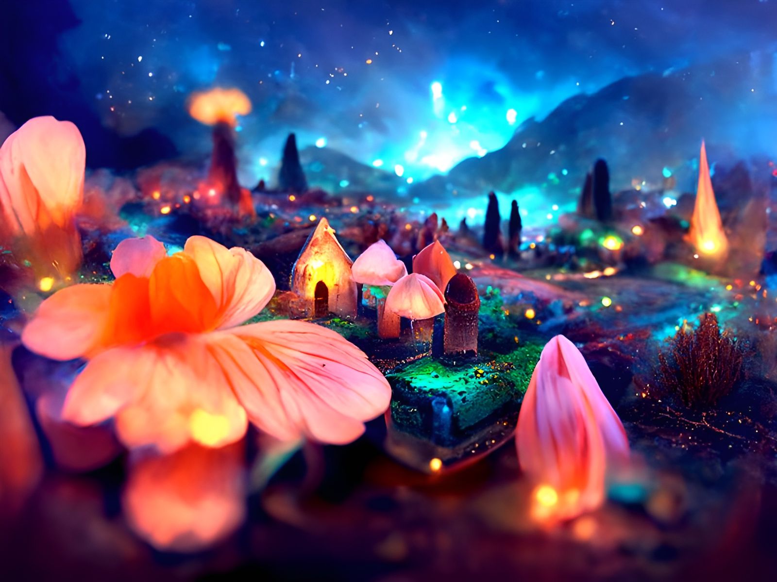 Pastel Miniature Village with Bioluminescent Meadow