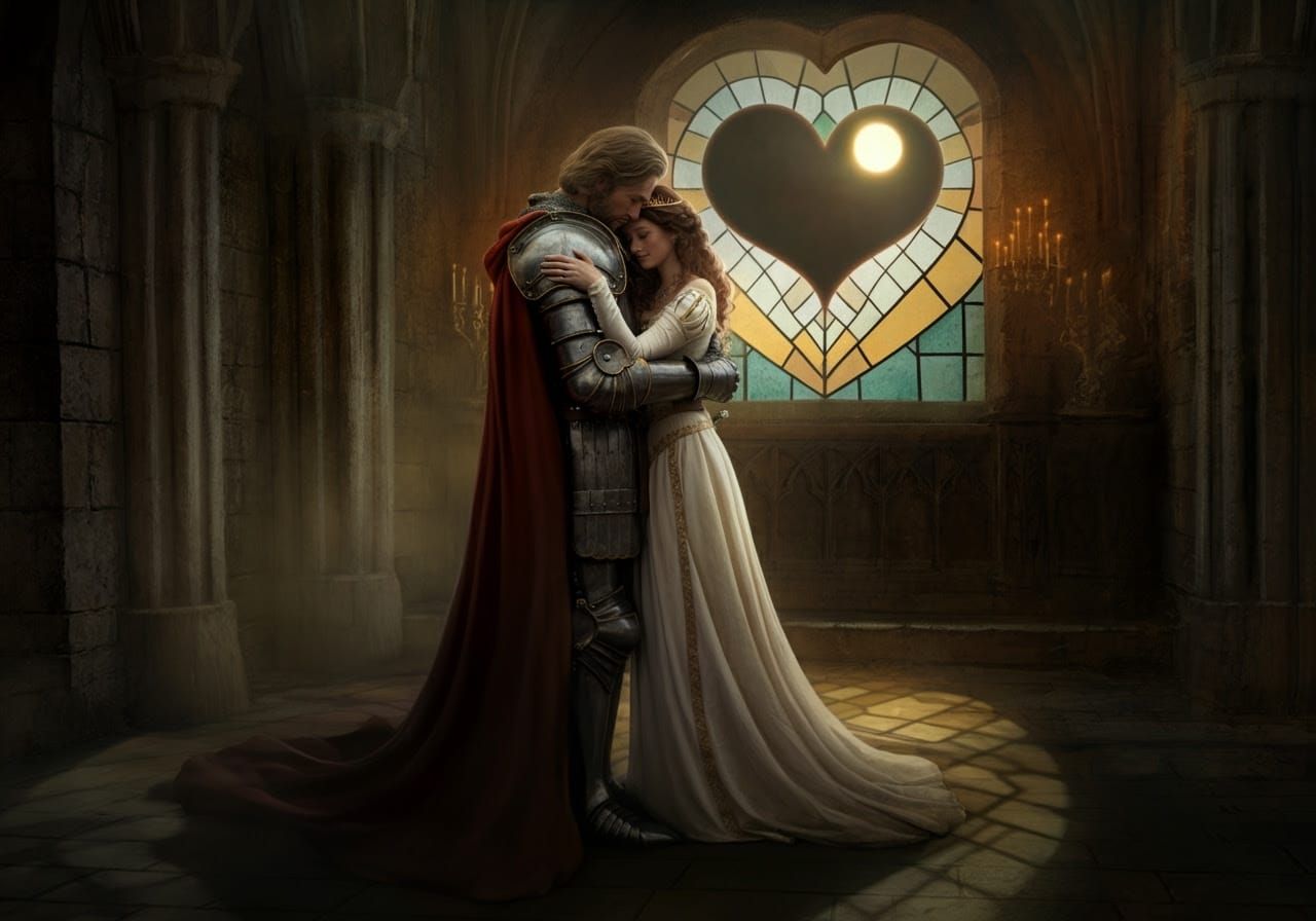Romantic Medieval Couple Under Heart-Shaped Eclipse
