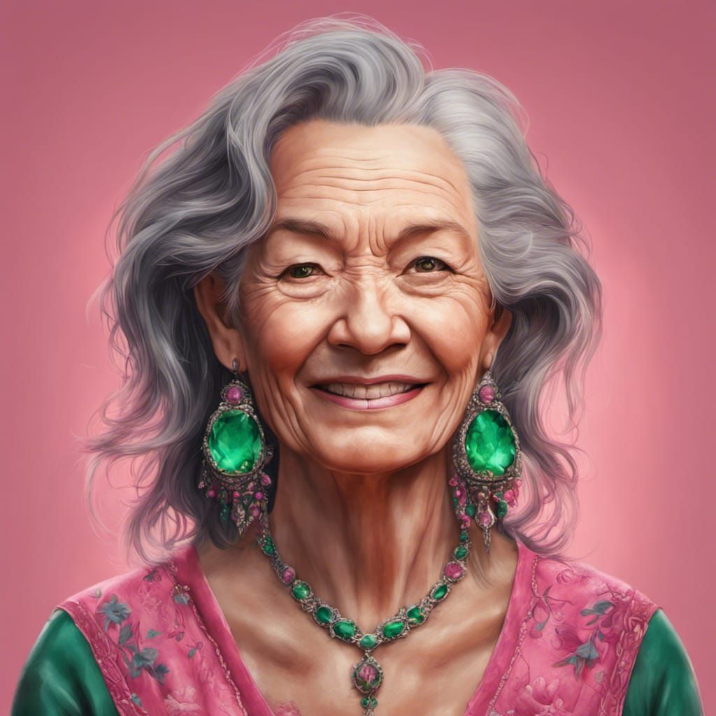 Hyperrealistic Portrait of an Older Woman with Emerald Top