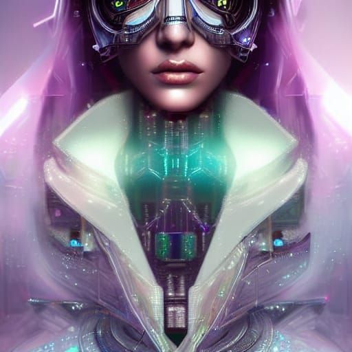 Cyberpunk Priestess in Iridescent Outfit, Digital Art