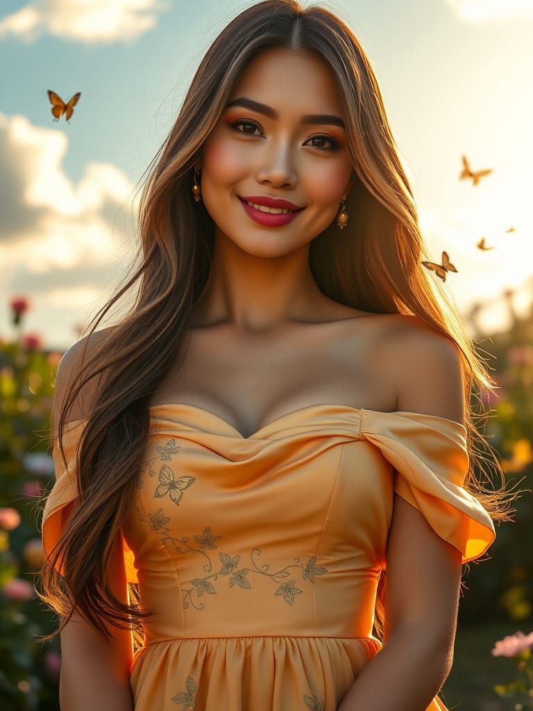 Radiant Woman in Golden Gown: Hyper-Realistic Photography