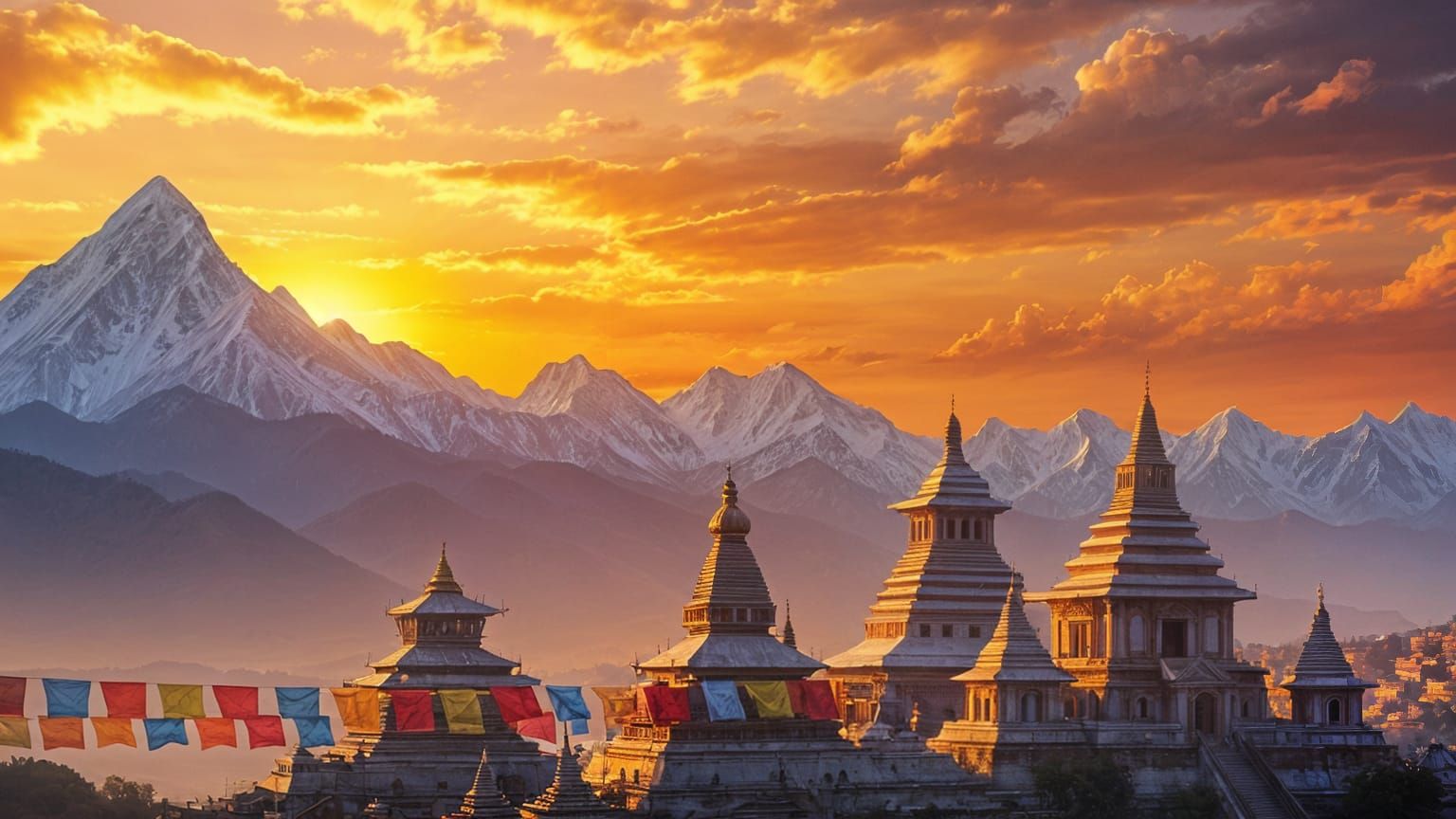 Nepalese Sunset: Himalayan Peaks and Temples in Geometric Ar...