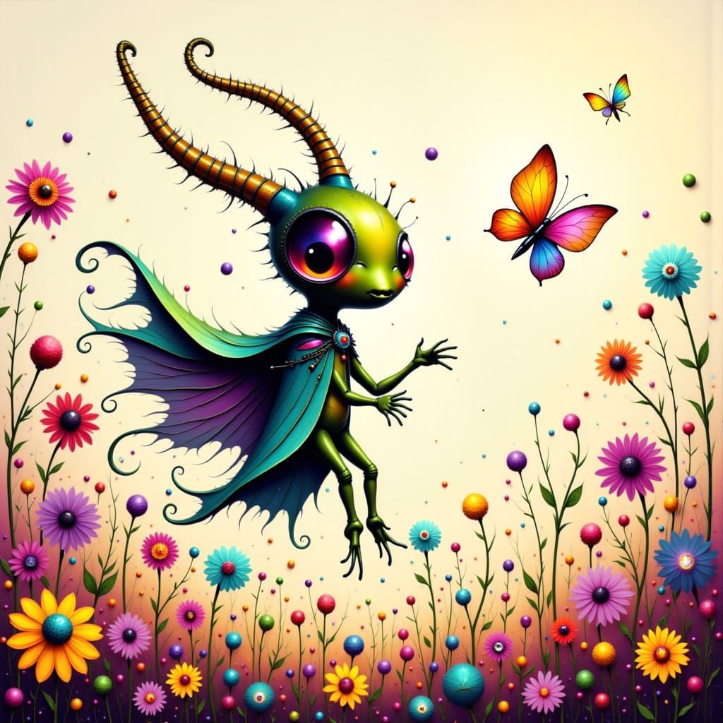 Mischievous Alien Chasing Butterfly: Dreamlike Illustration