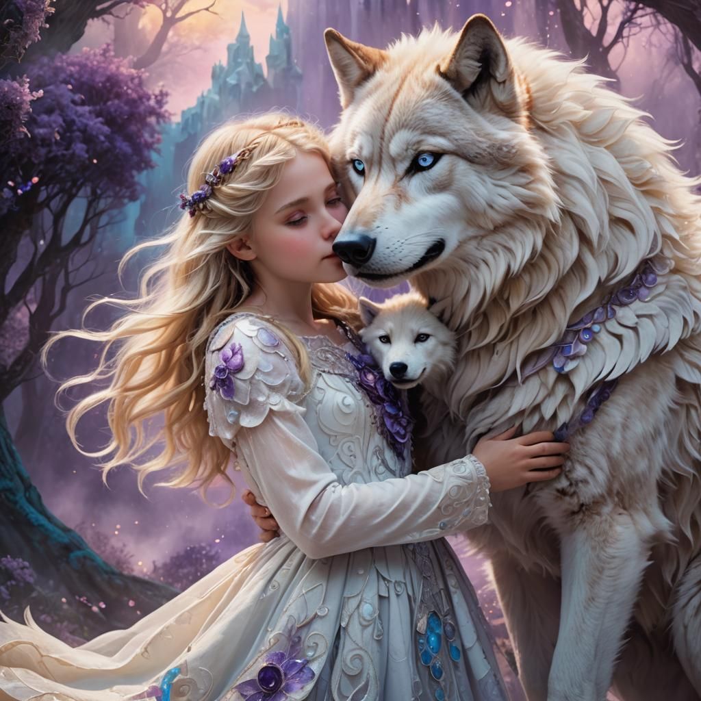 Girl Hugging Wolf in Dreamlike Fantasy Art