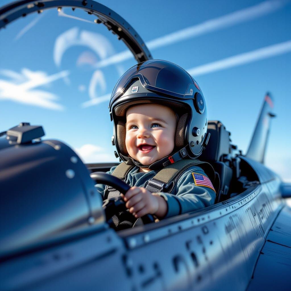 Cute Baby Pilot in Fighter Jet Cockpit