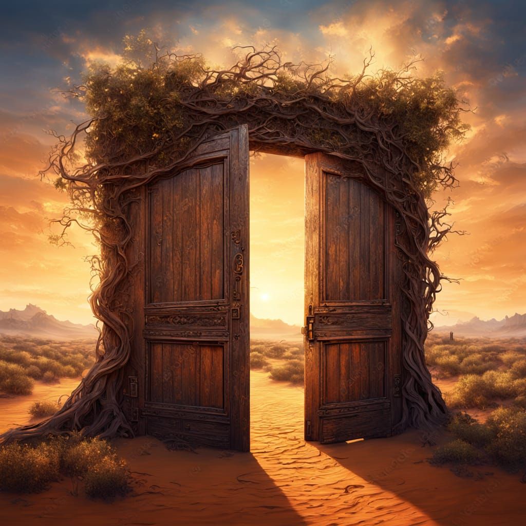 Old Oak Door in Desert: Moody Oil Painting