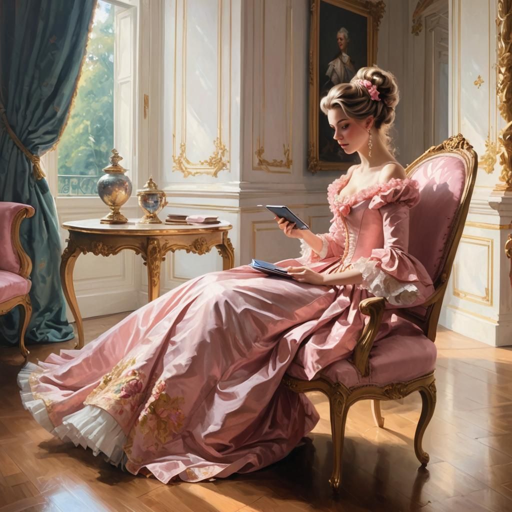 Rococo Woman Plays Tablet Game, Impressionistic Style