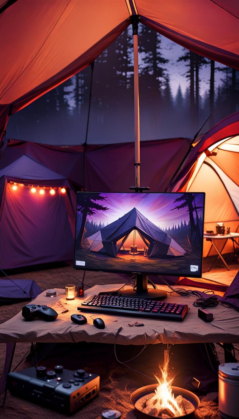 Futuristic Gaming Tent Setup at Campsite: Hyperrealistic Art