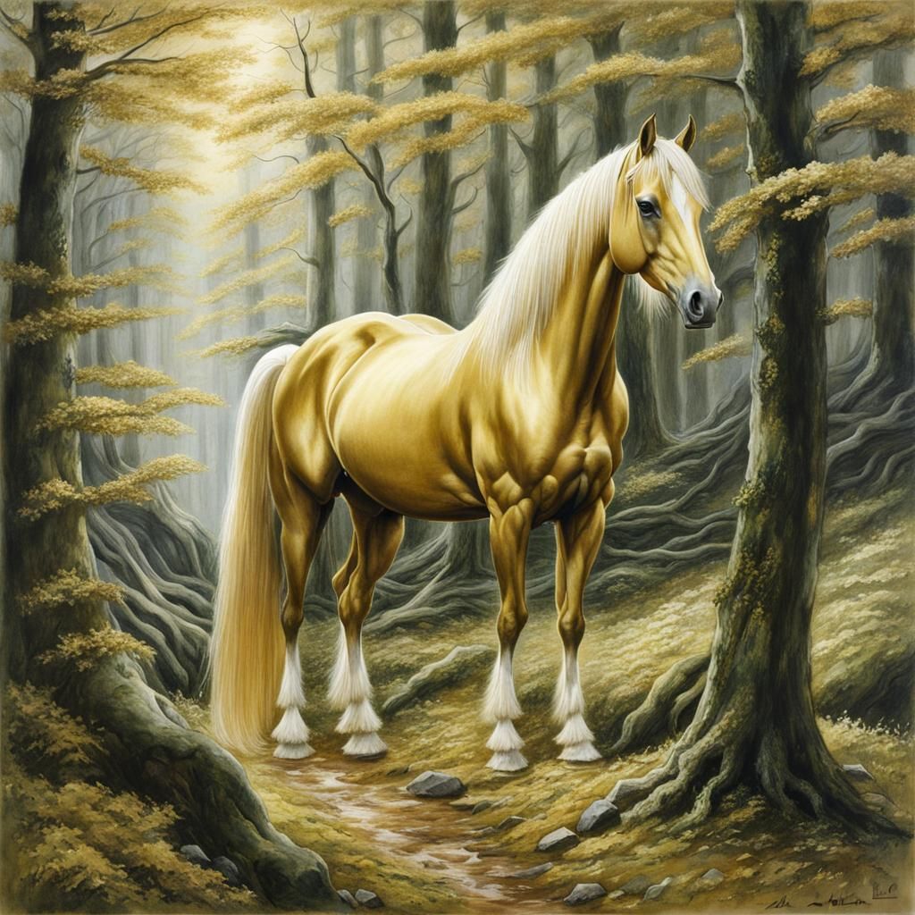 Golden Horse in Forest, Hyperrealist Fantasy Art