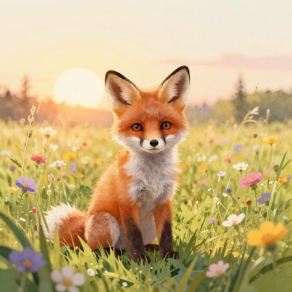 Cute Fox Cub in Wildflower Field at Sunset Watercolor Style