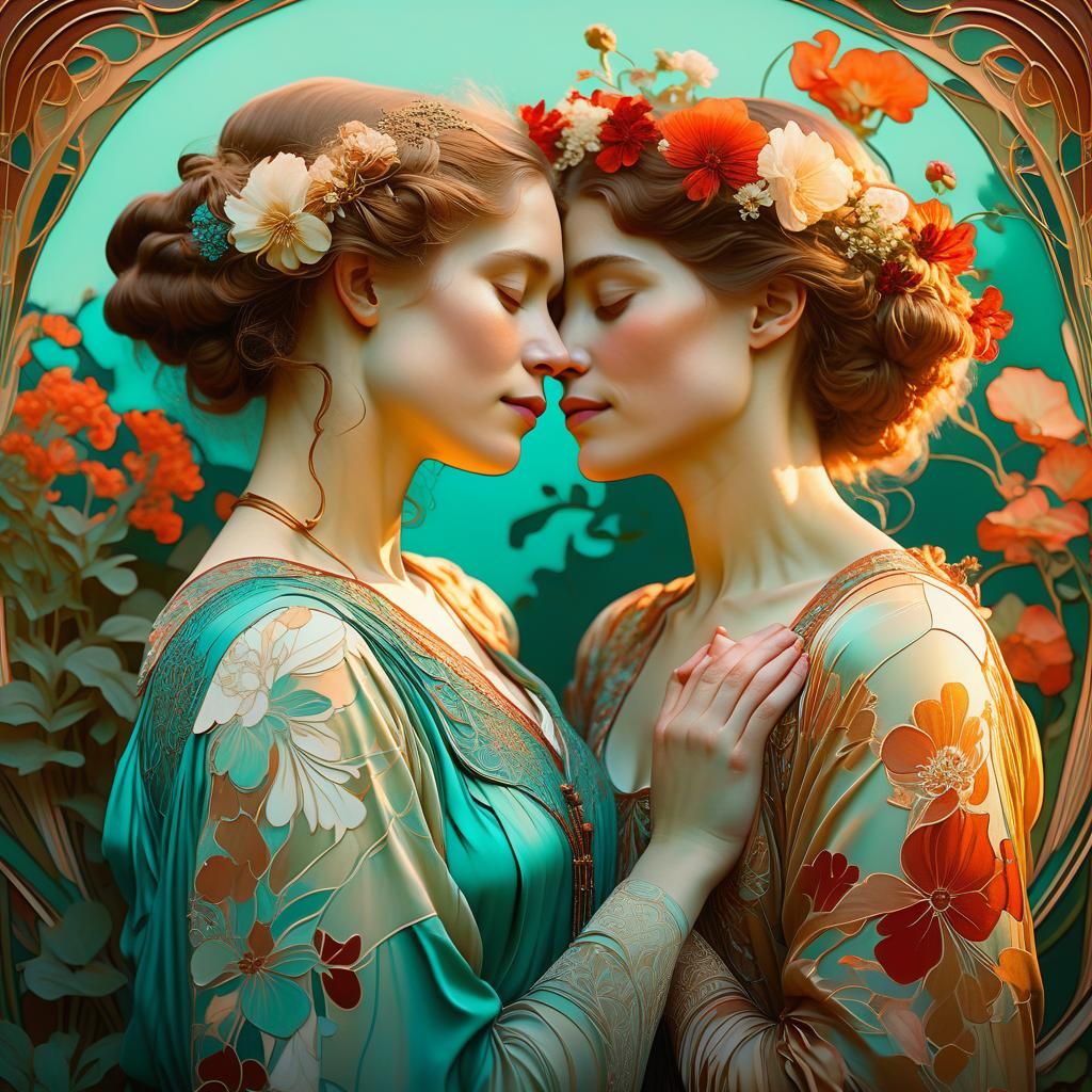 Art Nouveau: Women Embracing in Floral Garden