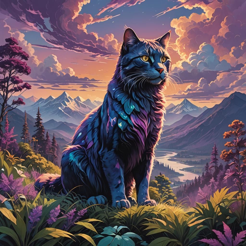Iridescent Cat in Mystical Landscape, Digital Painting