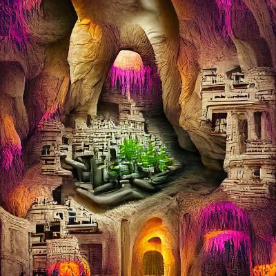 Ancient Underground Cavern Ruined Temple Oasis | Maximalist Photo Illustration