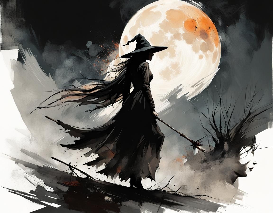 Ethereal Witch Emerges from Darkness: Ink Wash Style