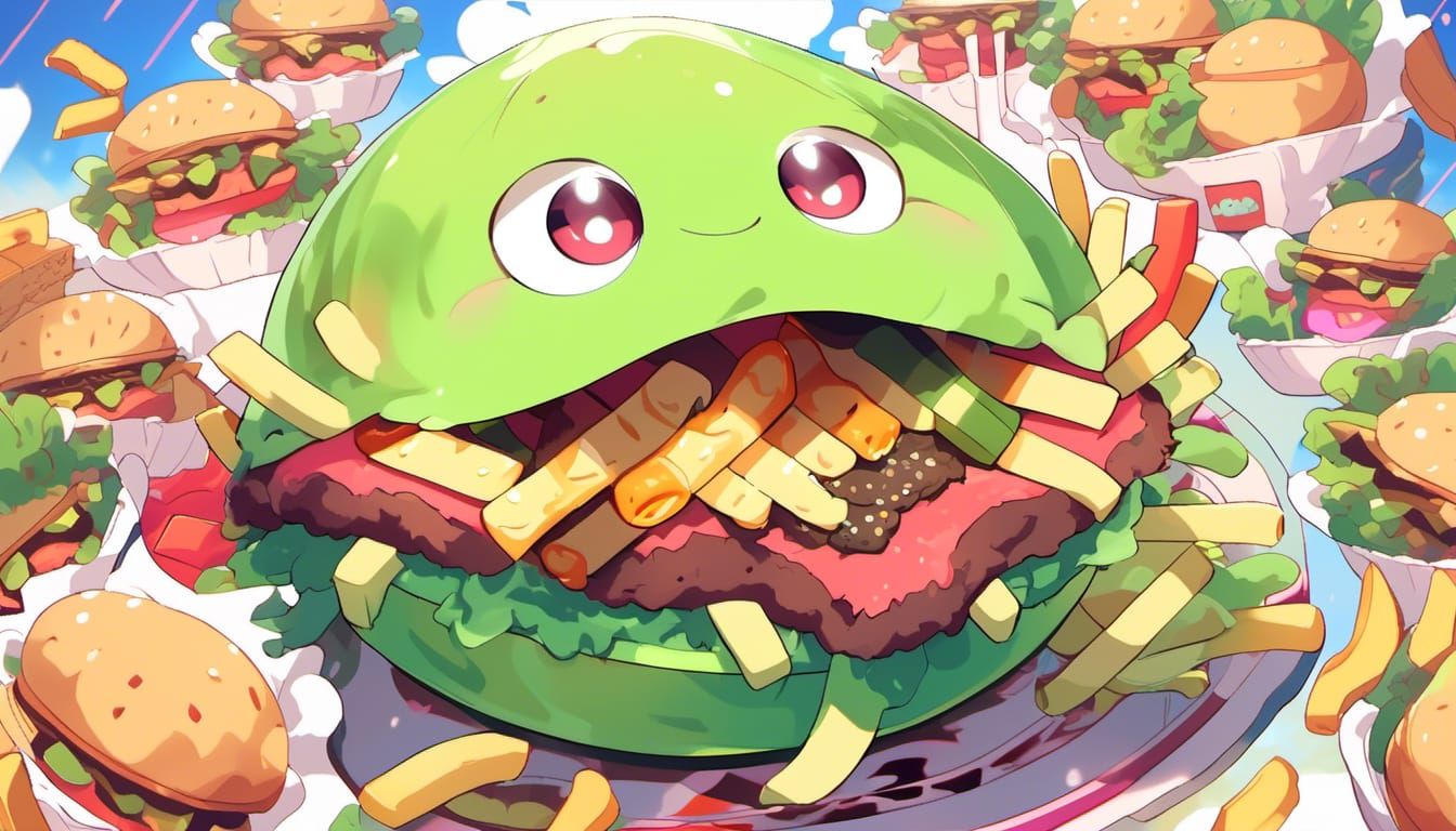 Happy Lime Blob Surrounded by Food in Anime Style