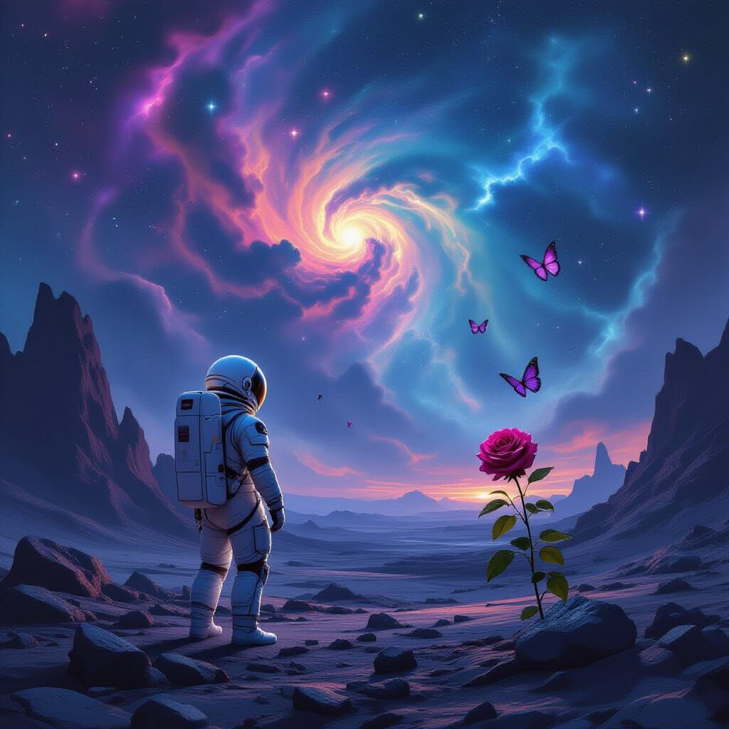 Astronaut on Alien Planet Gazing at Cosmic Sky