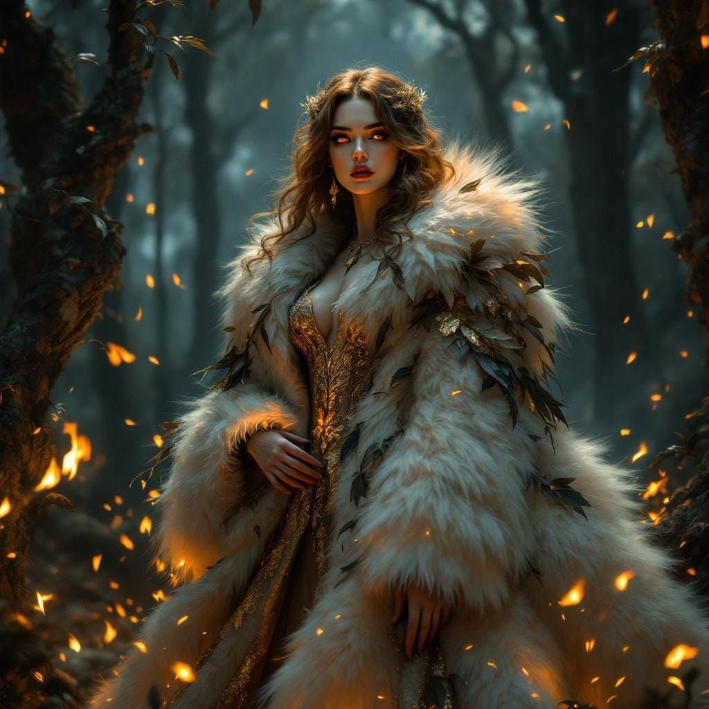 Baroque Lady in Fox Fur and Feather Cloak