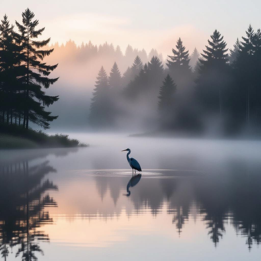 Ethereal Heron in Foggy Pine Forest at Dawn