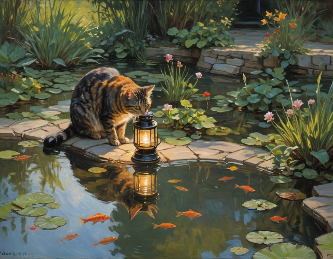 Impressionist Cat by Fish Pond in Cottagecore Style