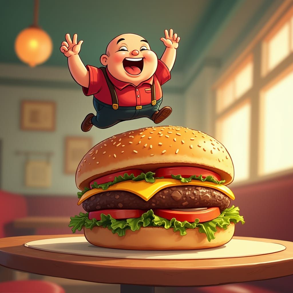 Casoh Leaps Onto Giant Burger in Cartoon Style
