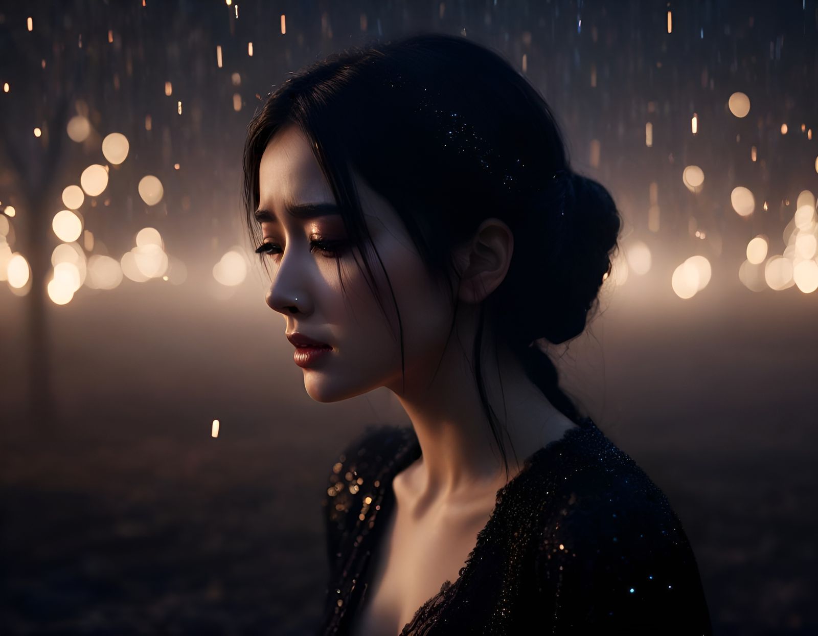 Ethereal Gothic Woman Crying in a Dark Landscape