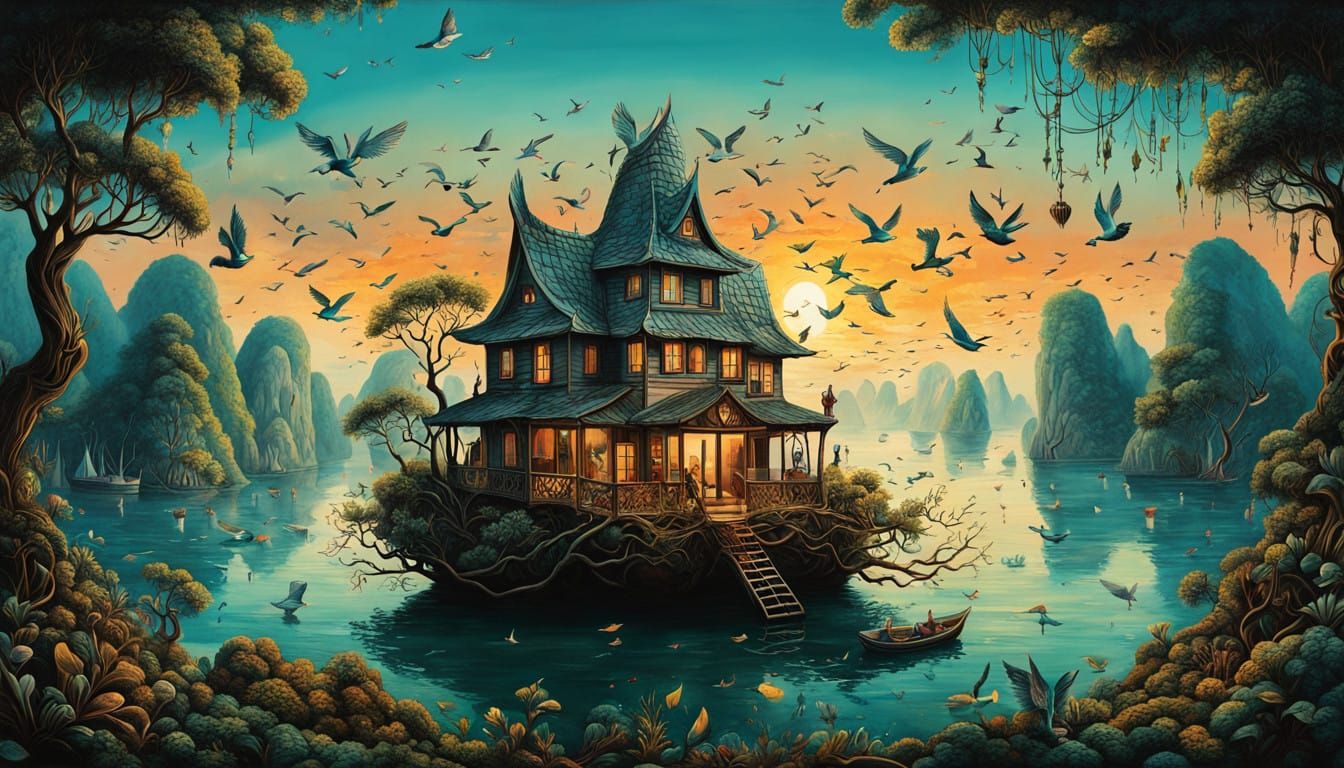 Dreamlike Ha Long Bay Scene with Chockablock House in Cyberp...