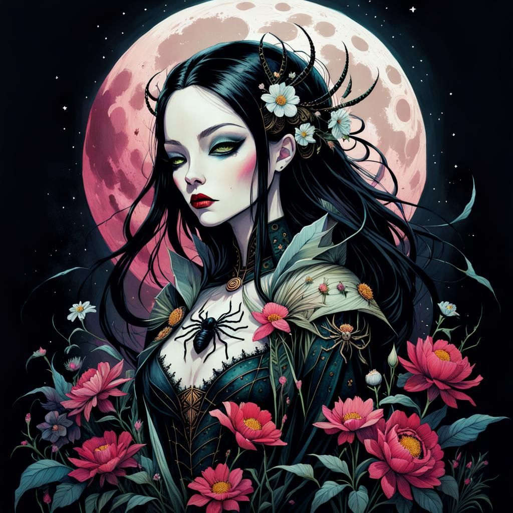 Spider Queen in Graveyard: Modern Ink Painting