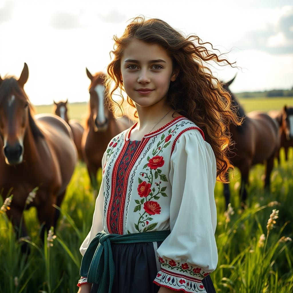 Surreal Hungarian Girl Surrounded by Majestic Horses in a Lu...