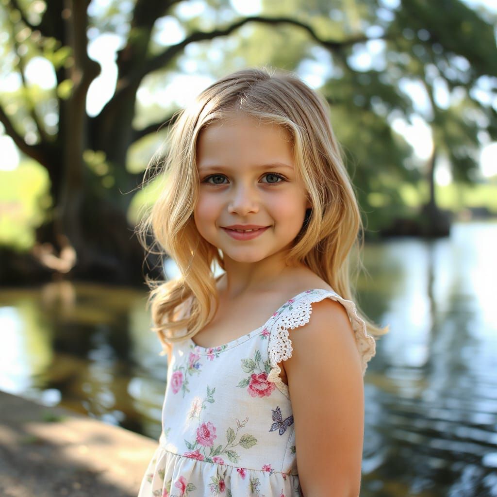 Tween Girl in Floral Dress by Lakeside