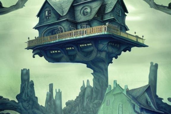 Apocalyptic Suburban Castle Illustration in Dark Fantasy Sty...