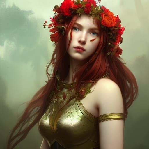 Red-Haired Knight with Flower Crown: Digital Art