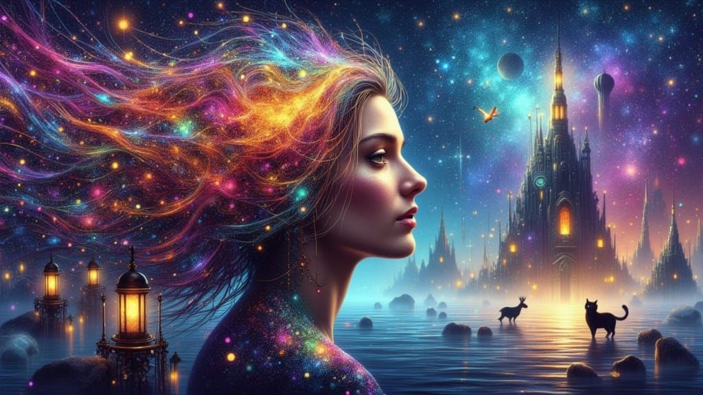 Cosmic Woman with Nebula Hair and Galaxy Eyes