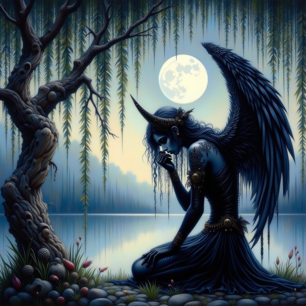 Dark Angel Under Willow Tree in Romantic Goth Style