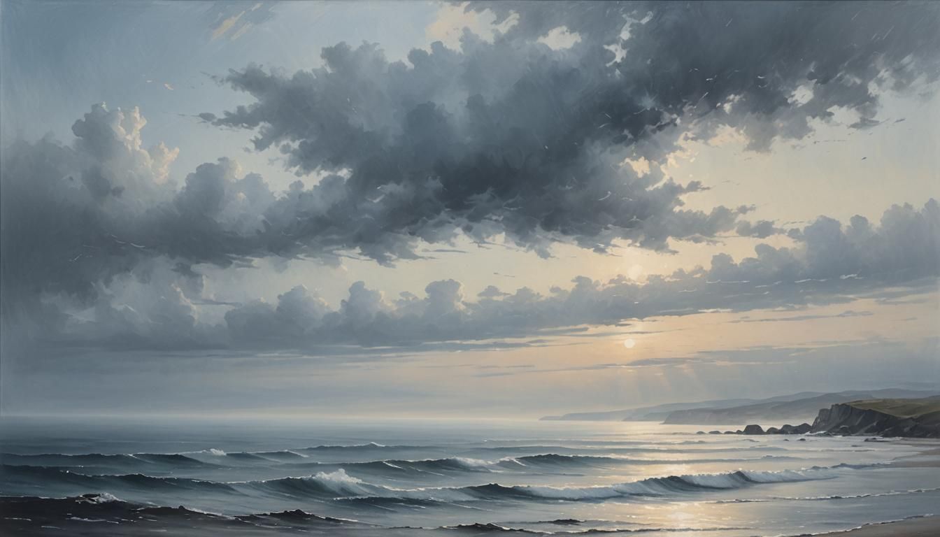 Misty Blue Seascape Panorama in Soft Hues