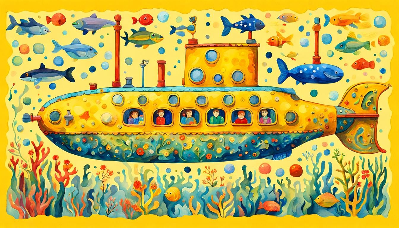 Fantastic Yellow Submarine with Seals, Gouache Style