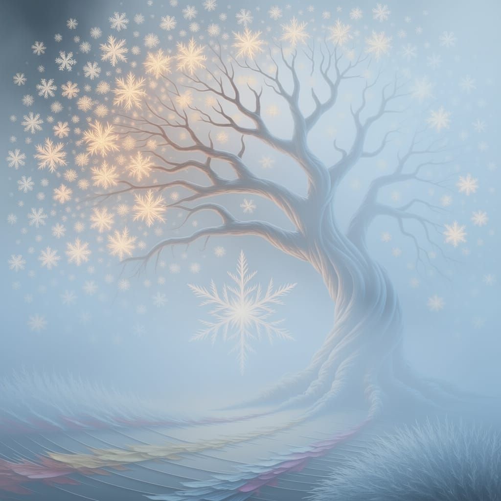 Ancient Tree Adorned with Glowing Snowflakes
