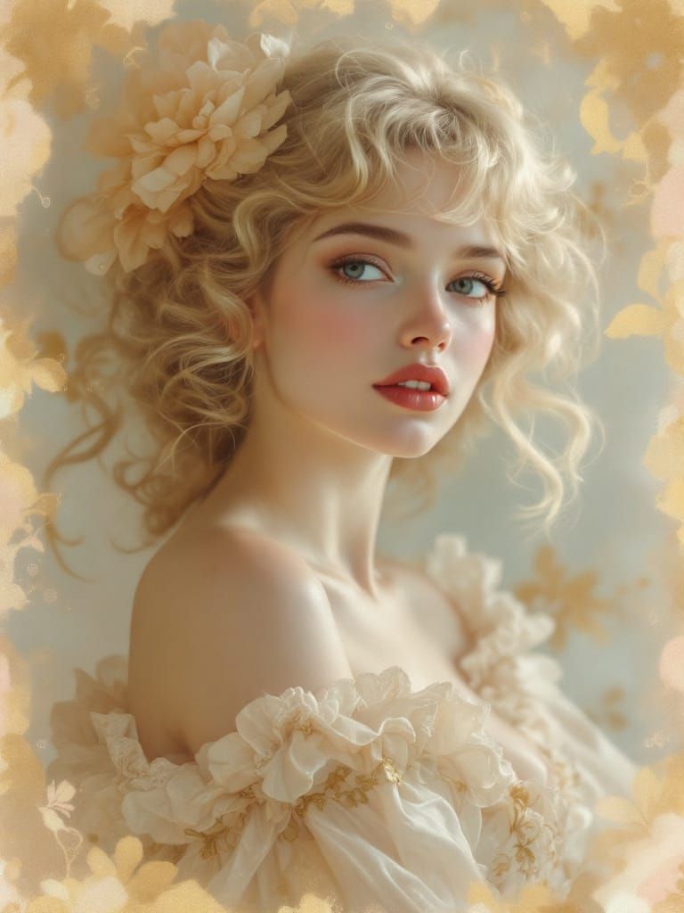 Rococo Pin-Up Woman with Peony Crown