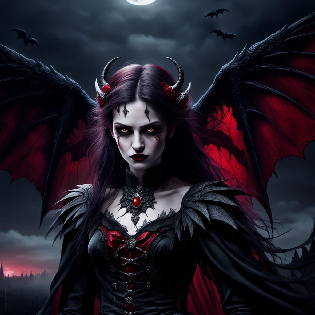 Gothic Fallen Angel Vampiress in Dark, Moody Portrait